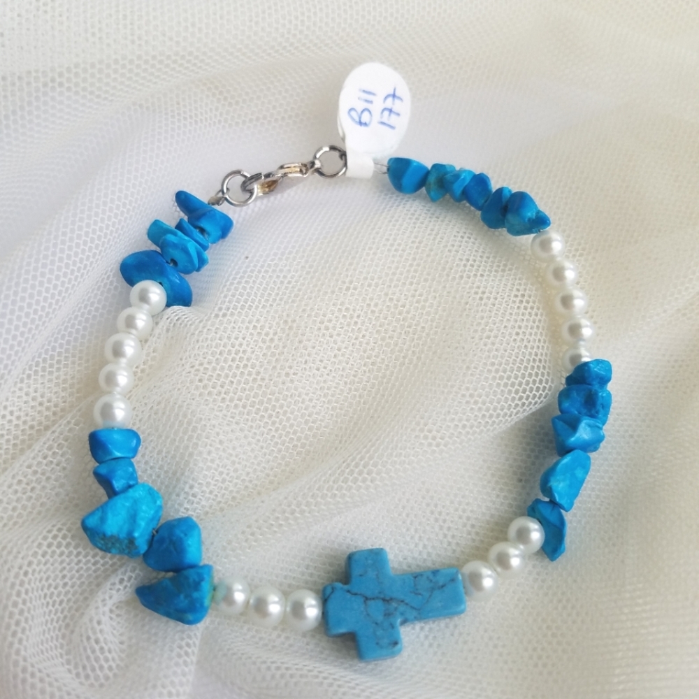 White Faux Pearl & Turquoise Cross Bracelet Handmade NEW